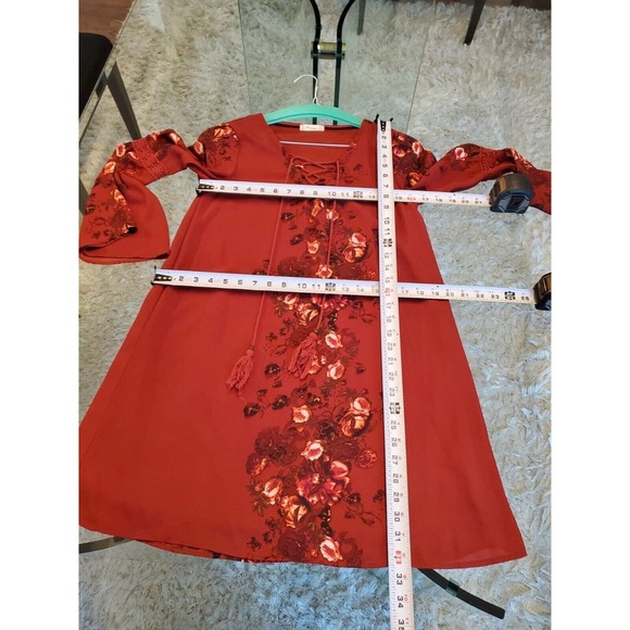 Altar’d State Red Floral Lace Up Boho Bell Sleeve V Neck Knee Length Dress Small - Picture 8 of 14